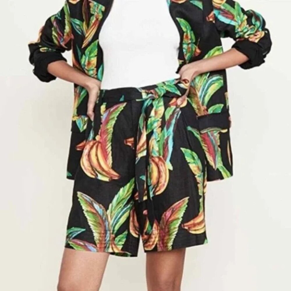 Farm Rio Preta Banana Linen‎ Shorts Tropical High Waist Vacay Women's Sz XS B34